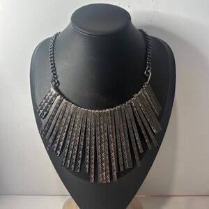Vintage Gunmetal Chevron Textured Fringe Bib Statement Necklace Boho 20"